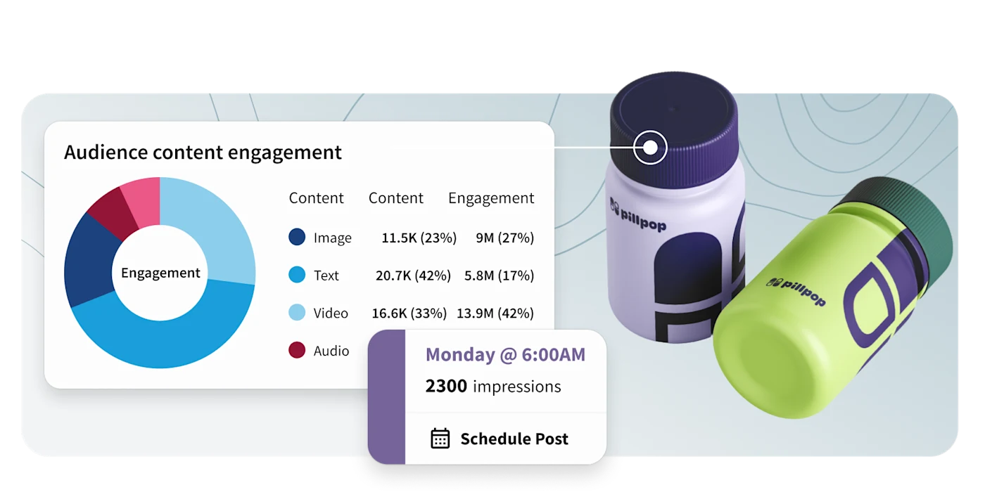 Hootsuite product preview showing audience engagement and a scheduled social post